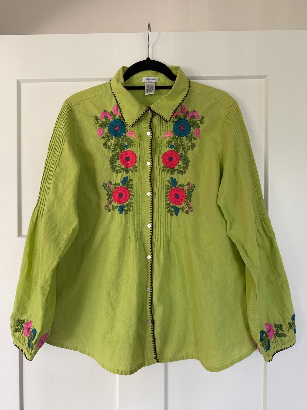 Tasha Polizzi Linen Blend Long Sleeve Embroidered Button Down Top